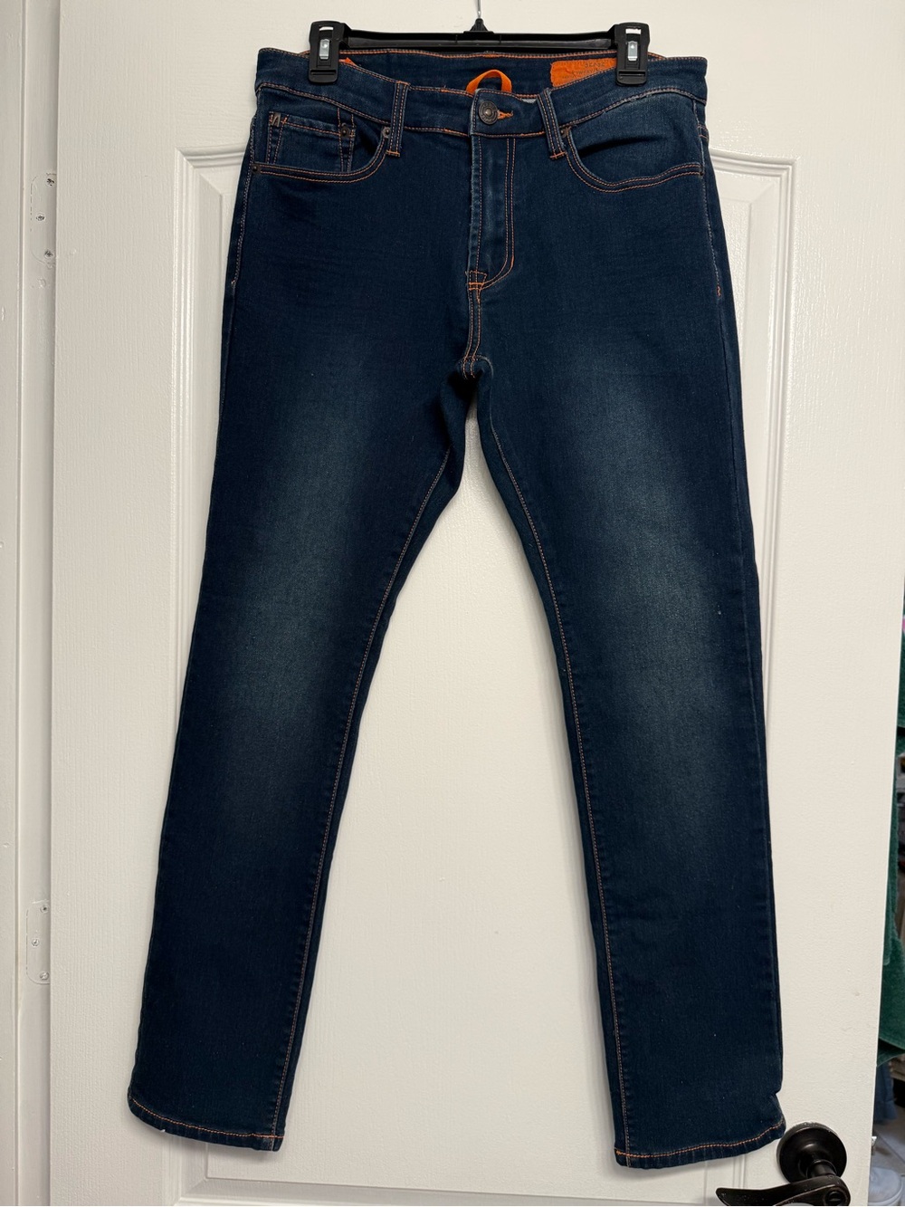 Genes Shop Jeans Mens 32x32 Slim Fit Knit Denim Dark Wash Stretch Orange Stitch